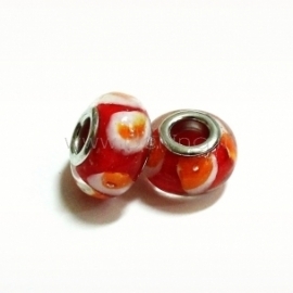 Pandora bead, glass lampwork, red, 14x9 mm
