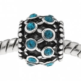 Pandora bead, with blue rhinestones, 11x9 mm