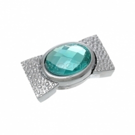 Magnetic clasp with glass aqua cabochon, silver tone, 34x18 mm