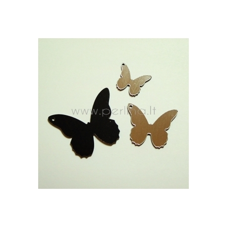 Org. stiklo detalė-pakabukas "Drugelis 4", juodos/sidabrinės sp., 3x2,4 cm