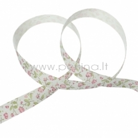 Cotton fabric ribbon "Pink Flower", 15 mm, 1 m