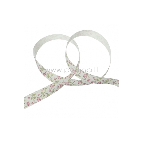 Cotton fabric ribbon "Pink Flower", 15 mm, 1 m