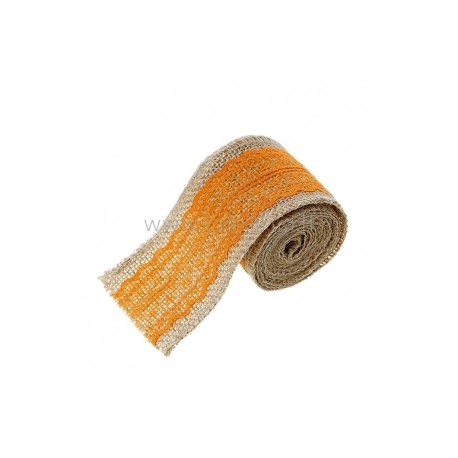 Natural jute ribbon with lace, orange, 6 cm, 2 m