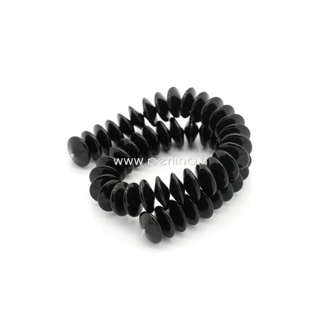 Glass flat round bead, black, 6x15 mm, 1 pc