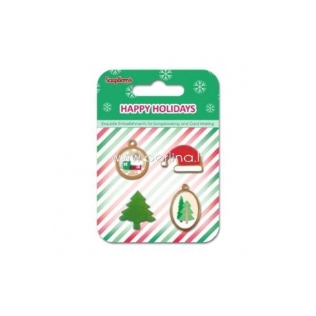 Metal embellishments with epoxy "Happy Holidays", 4 pcs