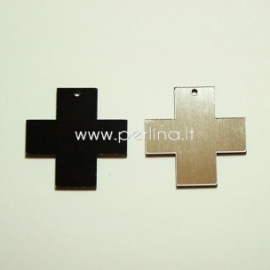 Org. stiklo detalė-pakabukas "Kryžius", juodos/sidabrinės sp., 2,2x2,2 cm