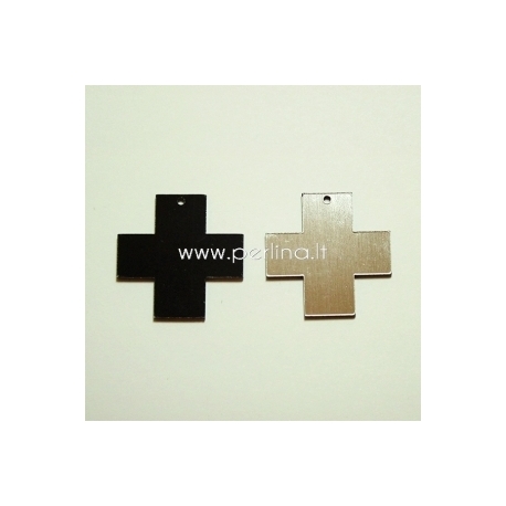 Org. stiklo detalė-pakabukas "Kryžius", juodos/sidabrinės sp., 2,2x2,2 cm
